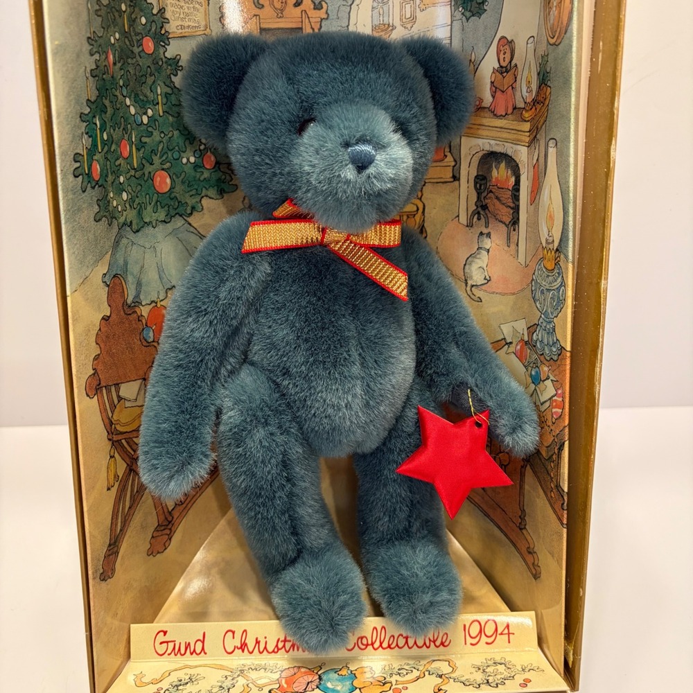 Vintage 1994 Gund Christmas Collectible Teal Blue Teddy Bear in Original Box